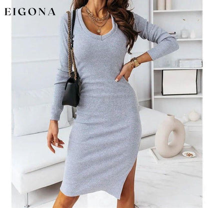 New women's V-neck casual long-sleeved dress Grey clothes dresses long sleeve dresses short dresses
