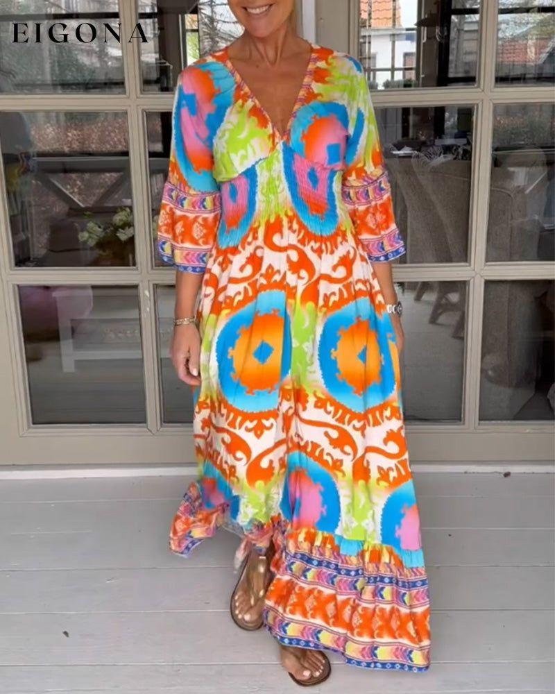 V Neck Colorful Print Boho Vacation Dress 23BF Casual Dresses Clothes Dresses Spring Summer vacation dresses