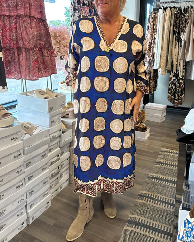 Long-Sleeved V-Neck Printed Dress