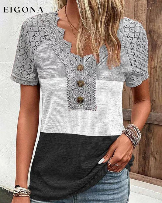 Color block lace T-shirt Gray 23BF clothes Short Sleeve Tops Spring Summer T-shirts Tops/Blouses
