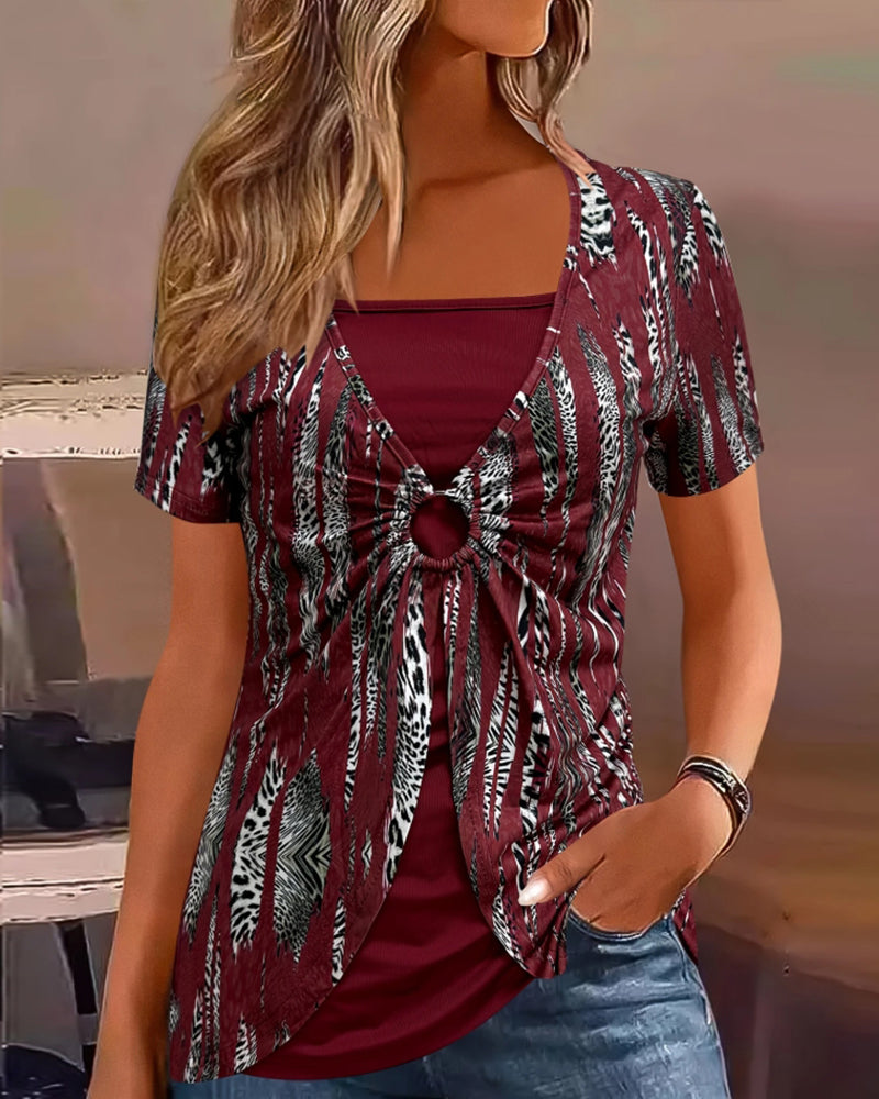 Short-Sleeved Printed Fake Two-Piece Blouse