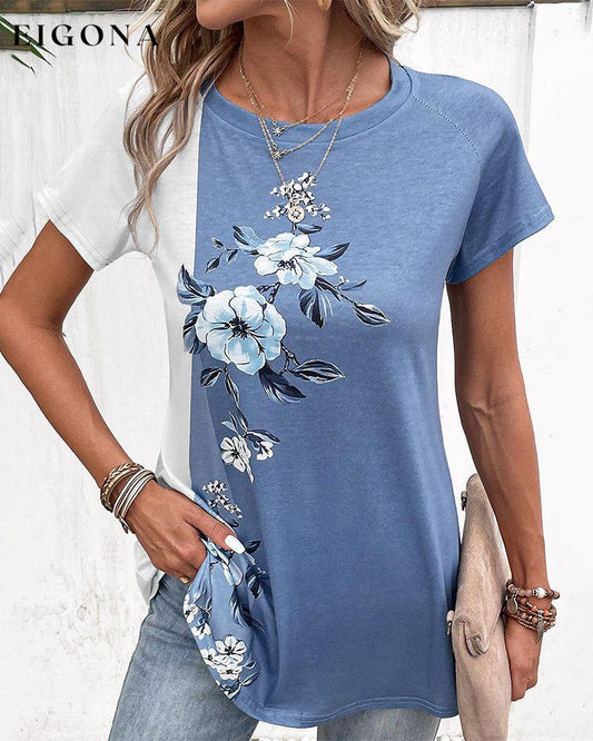 Patchwork floral print t-shirt Blue 23BF clothes Short Sleeve Tops Spring Summer T-shirts Tops/Blouses