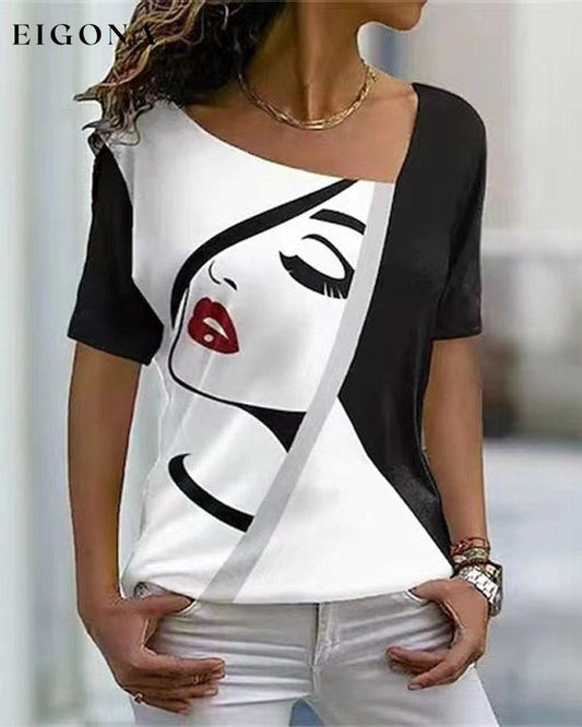 V-neck face print short-sleeved t-shirt Black 23BF clothes Short Sleeve Tops Spring Summer T-shirts Tops/Blouses