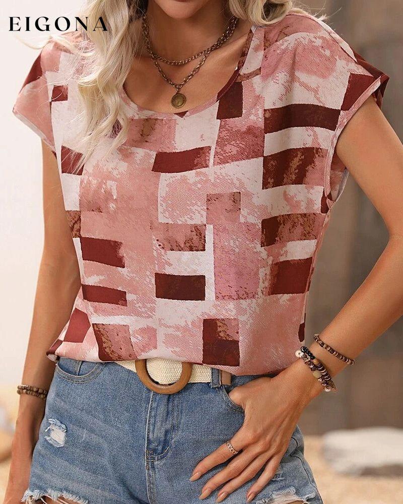 Geometric Print Crew Neck T-shirt Red 23BF clothes Short Sleeve Tops Spring Summer T-shirts Tops/Blouses