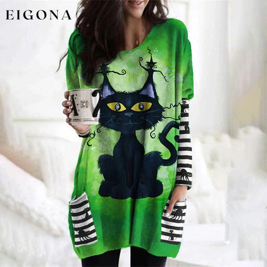 Cat Print Halloween Shirt Dress Green best Best Sellings casual dresses clothes Plus Size Sale short dresses Topseller