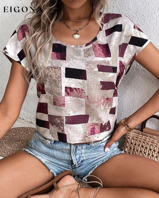 Geometric Print Crew Neck T-shirt Pink 23BF clothes Short Sleeve Tops Spring Summer T-shirts Tops/Blouses