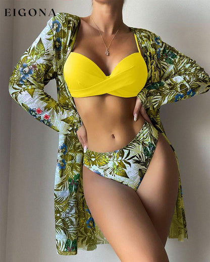 Split three piece bikini Yellow 23BF Bikinis Clothes Cover-Ups Summer Swimwear