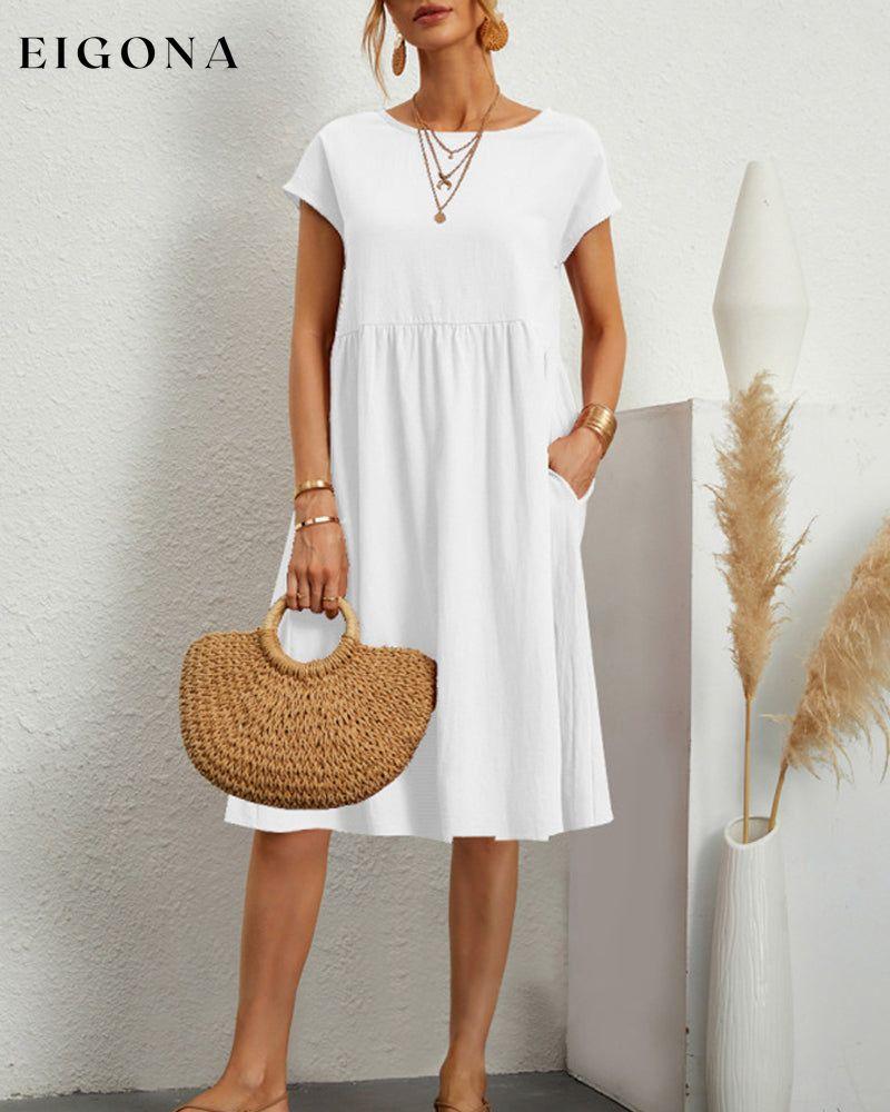 Round neck loose cotton and linen dress White 23BF casual dresses Clothes Cotton and Linen discount Dresses Spring summer