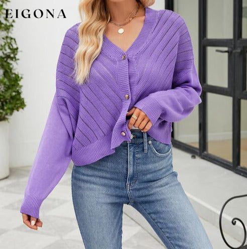 Eyelet Button Front Long Sleeve Sweater Cardigan Purple cardigan cardigans clothes Ship From Overseas Sweater sweaters X.X.W