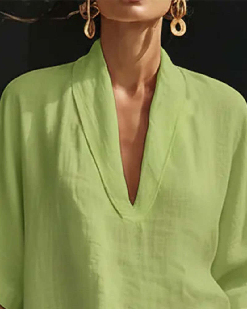 V-Neck Short Sleeve Cotton Linen Set