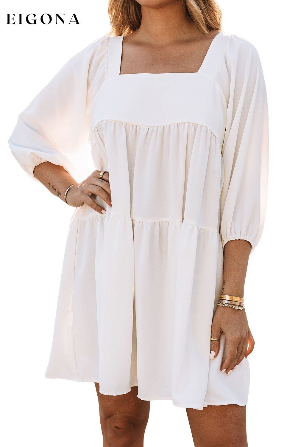 White Square Neck Half Sleeve High Low Mini Dress casual dress casual dresses clothes DL Exclusive dress dresses Season Summer short dress short dresses