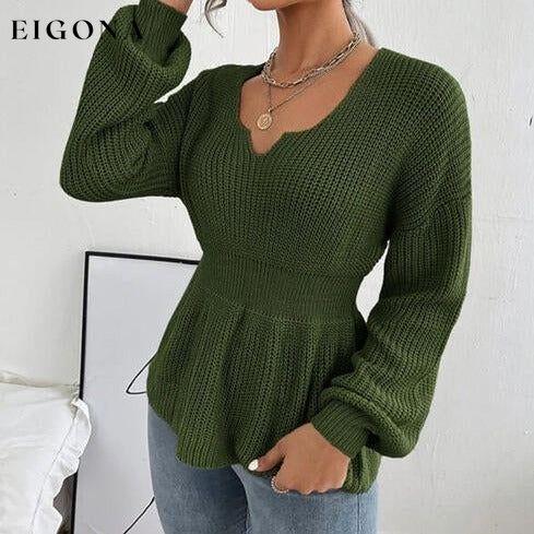 Notched Dropped Shoulder Knit Long Sleeve Top Green clothes long sleeve shirts long sleeve top long sleeve tops Ship From Overseas shirt shirts short sleeve shirt top tops X.W