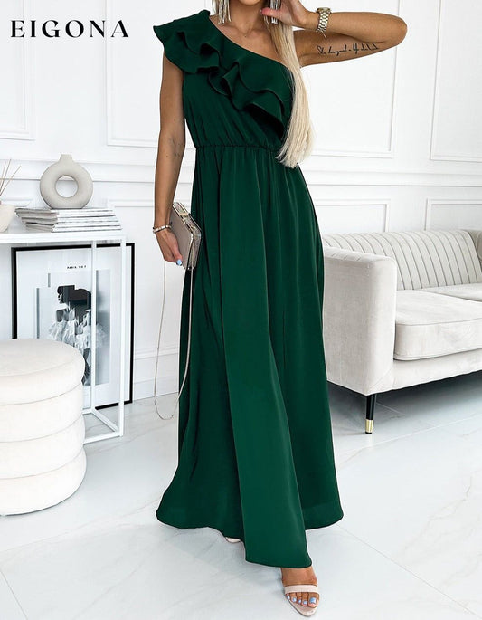 One-Shoulder Ruffled Maxi Dress Green clothes dress dresses evening dress evening dresses going out dress maxi dress maxi dresses one shoulder dress Ship From Overseas SYNZ