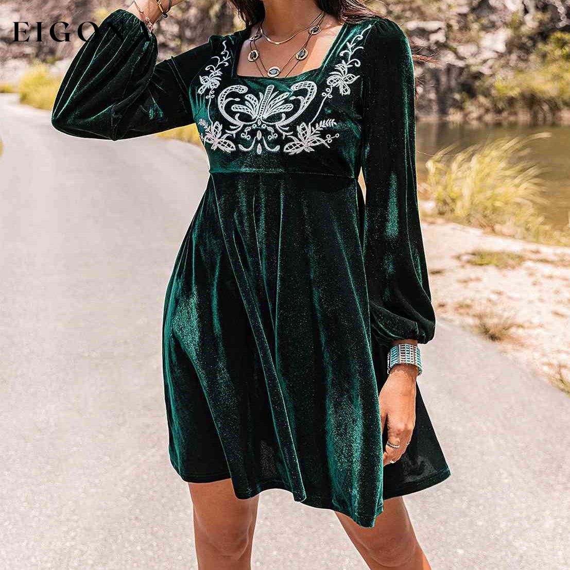 Embroidered Square Neck Long Sleeve Dress clothes H.R.Z Ship From Overseas