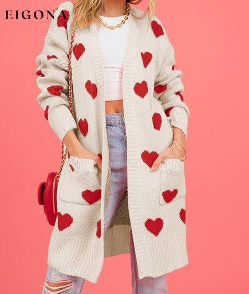 Heart Graphic Open Front Cardigan with Pockets Sweater Cream cardigan cardigans clothes SF Knit Ship From Overseas Sweater sweaters
