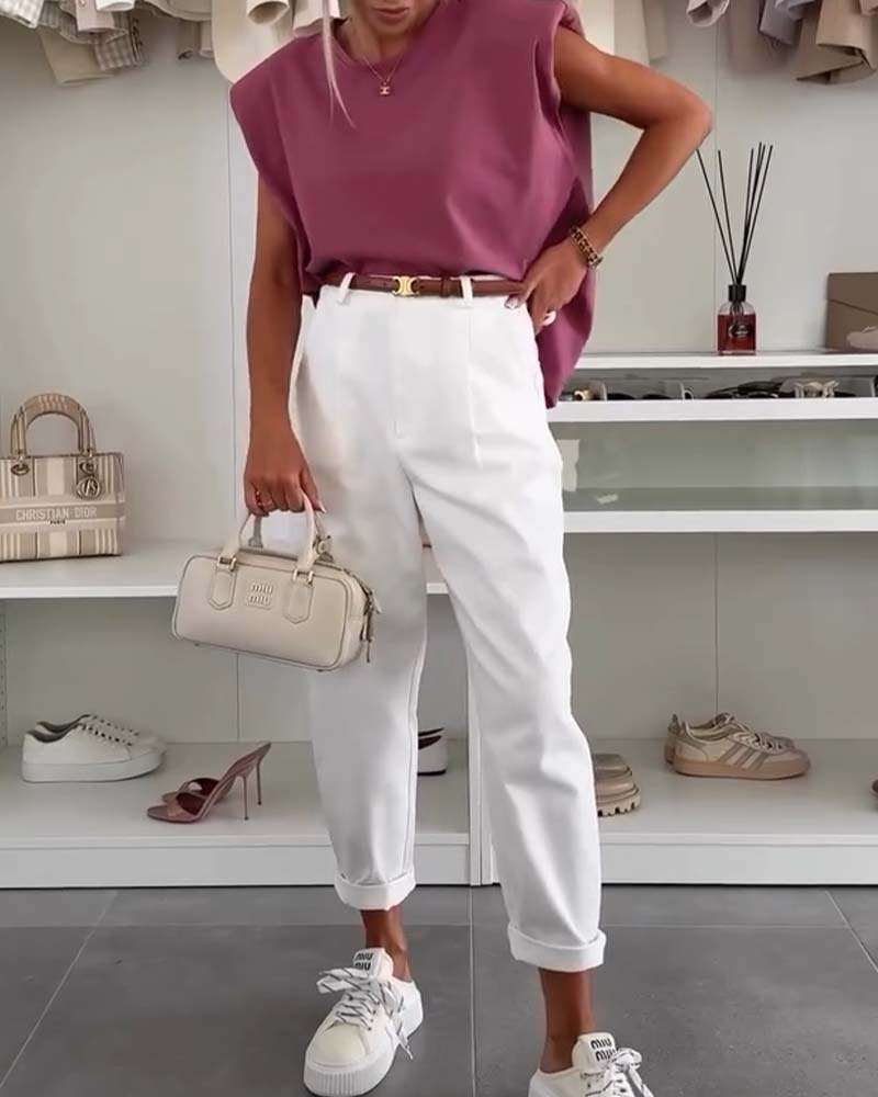 Ärmelloses, einfarbiges, lässiges Tanktop mit Rundhalsausschnitt