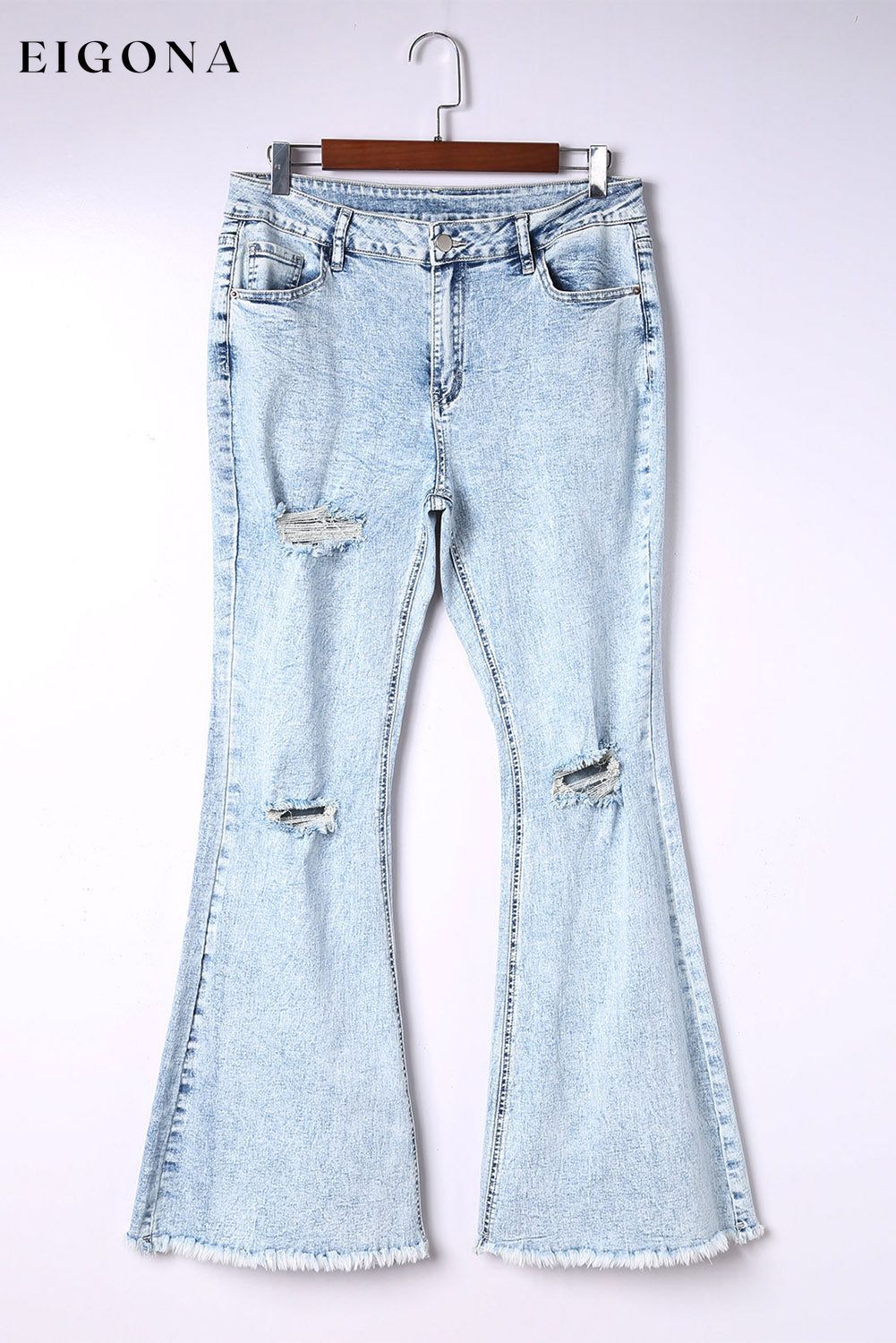 Sky Blue Distressed Acid Wash Flare Jeans All In Stock bottoms clothes Flare Jeans Jeans Season Fall & Autumn Season Spring Silhouette Wide Leg Style Modern