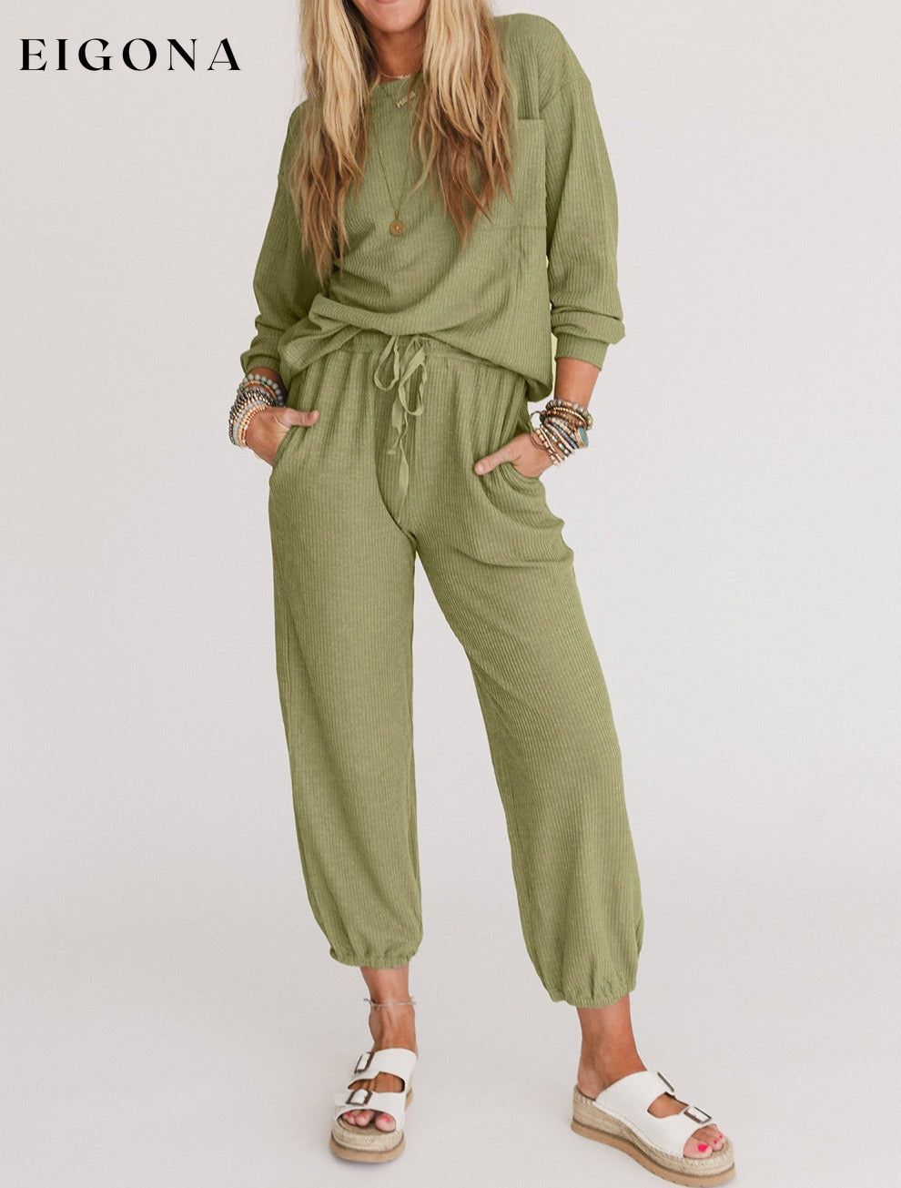 Long Sleeve Top Drawstring Joggers Set (Top and Bottoms included) All In Stock clothes Color Green lounge wear sets loungewear sets Occasion Home Print Solid Color Season Winter sets Style Casual
