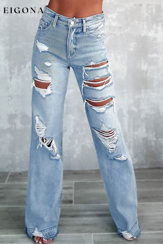 Sky Blue Vintage Distressed Ripped Wide Leg Jeans Sky Blue 65%Cotton+33%polyester+2%Elastane All In Stock bottoms clothes Color Blue Craft Distressed EDM Monthly Recomend Fabric Denim Jeans Occasion Daily pants ripped jeans Season Spring Silhouette Wide Leg Style Casual