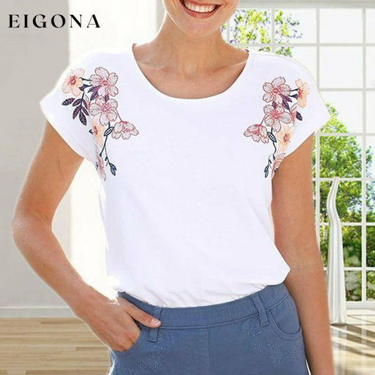 【100% Cotton】【Embroidery】100% Cotton Floral Embroidery T-Shirt White 100% Cotton best Best Sellings clothes Plus Size Sale tops Topseller