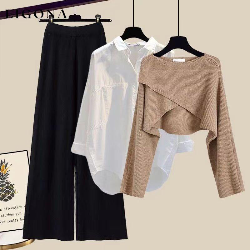 Cross solid color three piece set Khaki sweater + white shirt + black pants 2023 f/w 23BF set sets spring two-piece sets