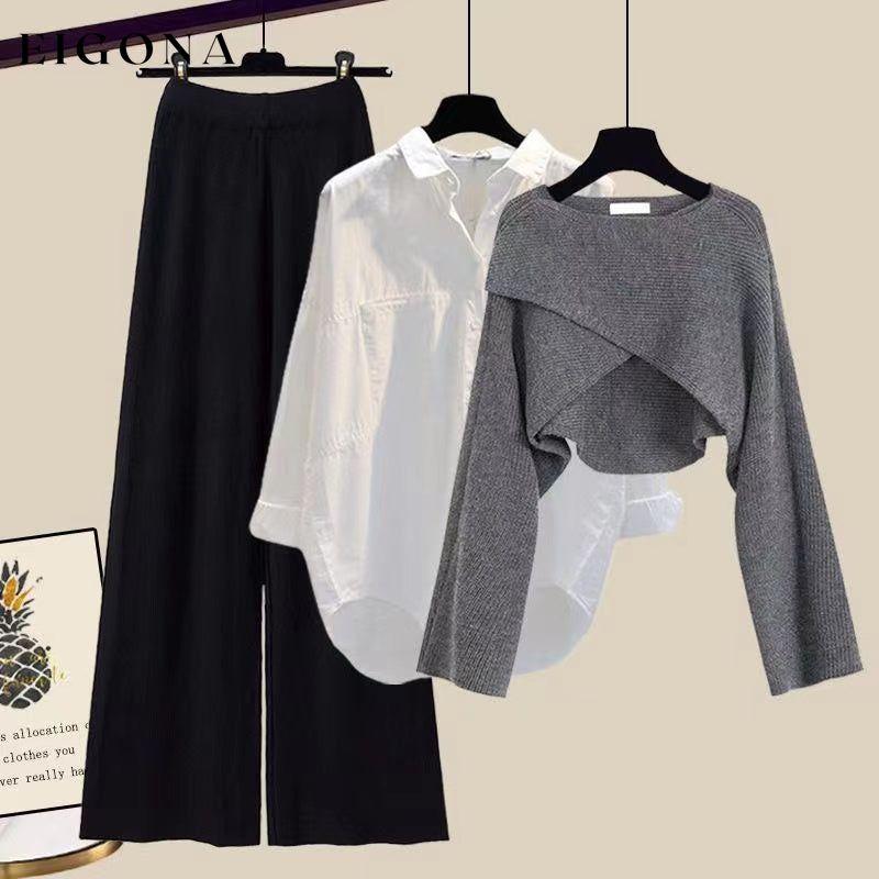 Cross solid color three piece set Gray Sweater + White Shirt + Black Pants 2023 f/w 23BF set sets spring two-piece sets