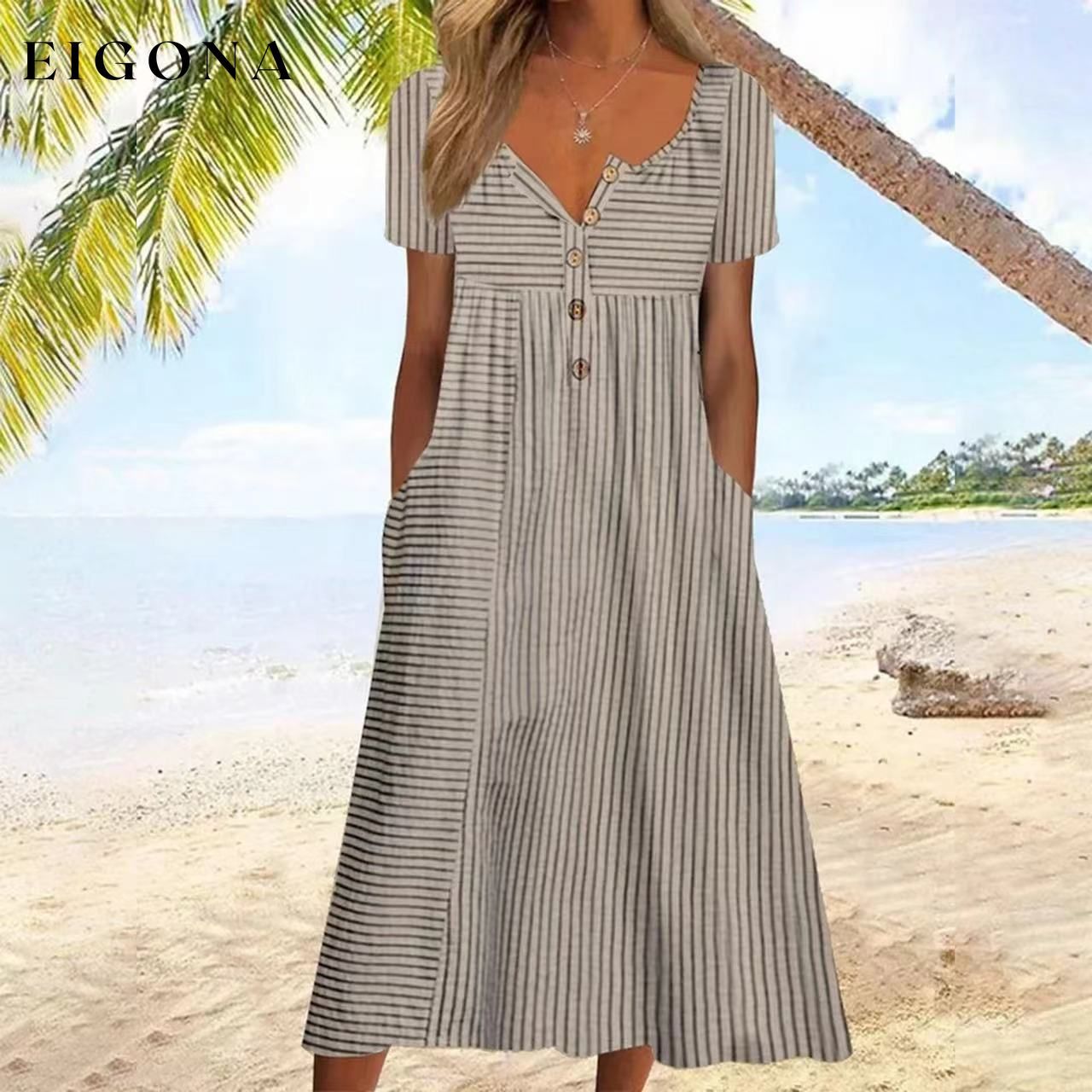 Striped Print Short Sleeve Dress Dark brown 23BF Casual Dresses Clothes Dresses SALE Spring Summer