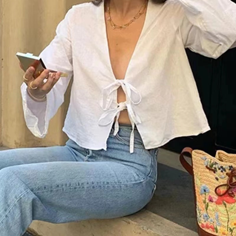 Hollow solid color strappy short-sleeved top blouses & shirts summer