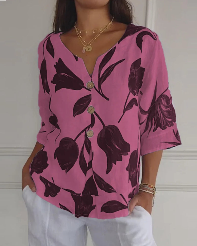 Top con bottoni in cotone e lino con stampa floreale