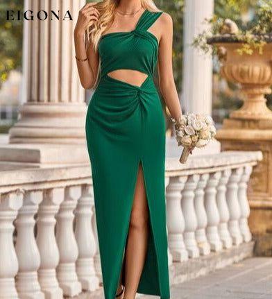 One Shoulder Cutout Twisted Slit Dress Green Clothes dress dresses evening dress evening dresses maxi dress maxi dresses S.N Ship From Overseas