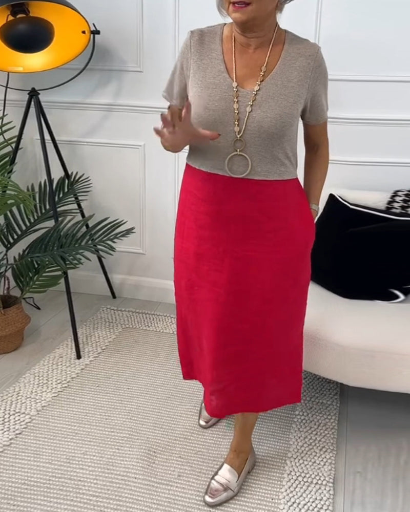 Casual U-neck short-sleeve color block dress 202466 casual dresses summer