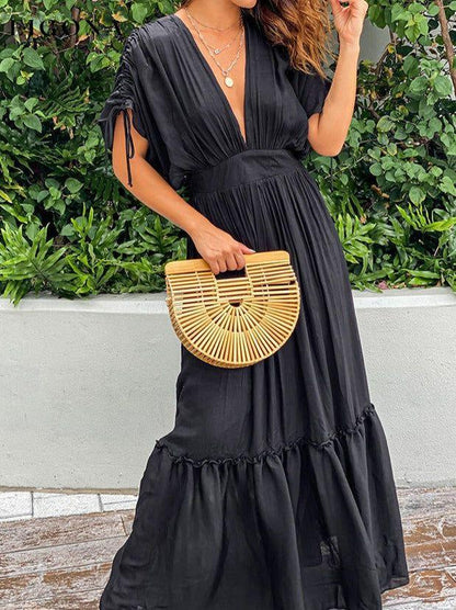 Plunge Neck Tie Sleeve Black Maxi Dress casual dress casual dresses clothes dress dresses maxi dress maxi dresses Ship From Overseas SYNZ trend