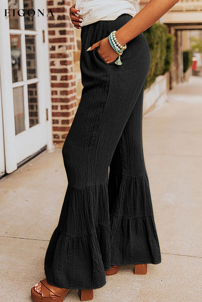 Black Textured High Waist Ruffled Bell Bottom Pants All In Stock bottoms clothes Fabric Linen Occasion Daily pants Print Solid Color ruffles bell pants Season Spring Silhouette Flare Style Western