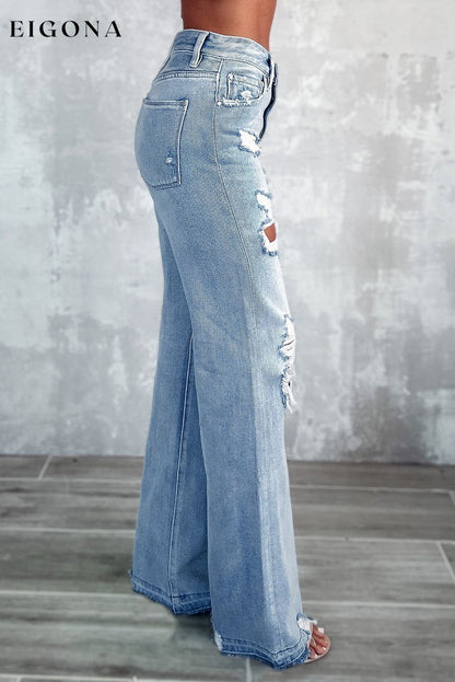 Sky Blue Vintage Distressed Ripped Wide Leg Jeans All In Stock bottoms clothes Color Blue Craft Distressed EDM Monthly Recomend Fabric Denim Jeans Occasion Daily pants ripped jeans Season Spring Silhouette Wide Leg Style Casual