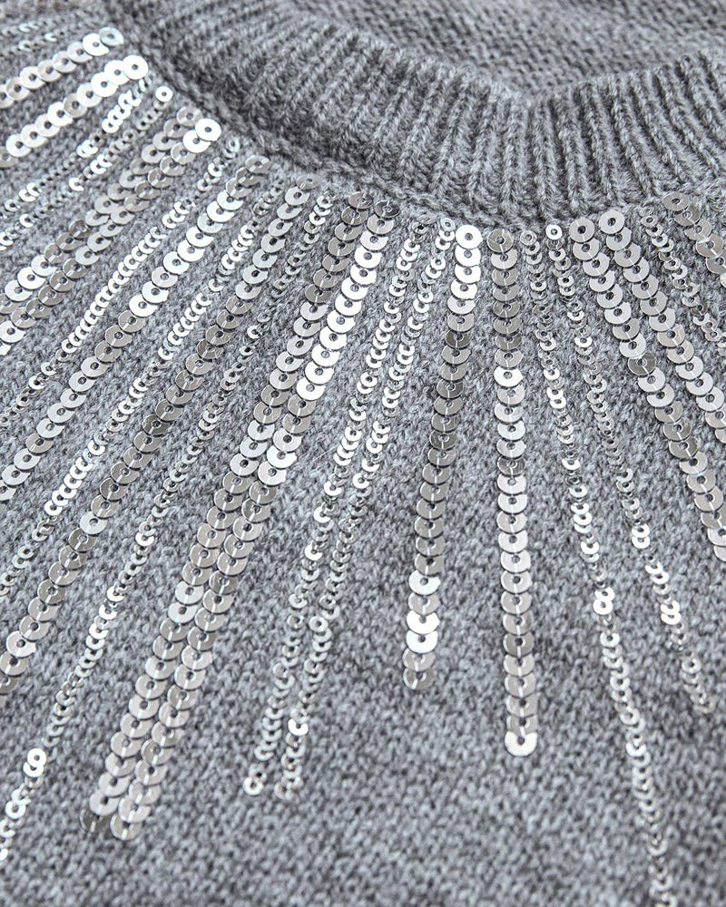 Diamond-Embellished Solid-Color Pullover Sweater