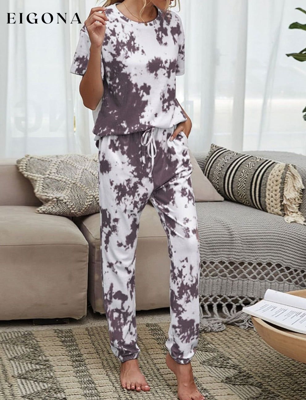 Tie-Dye Tee and Drawstring Waist Joggers Lounge Set Taupe 2 piece clothes lounge lounge wear loungewear pajama pajamas Romantichut Ship From Overseas Shipping Delay 09/29/2023 - 10/04/2023