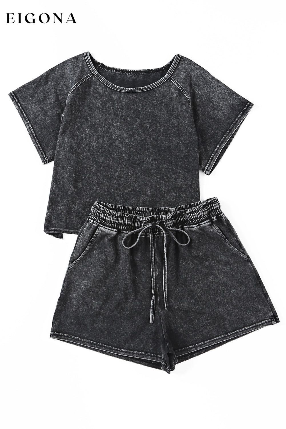 Black Acid Washed Short Lounge Set 2 pieces clothes Craft Washed Occasion Home Print Solid Color Season Summer set short set Style Casual