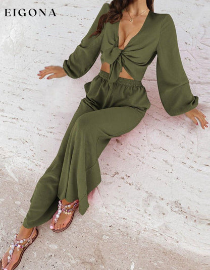 Cutout Long Sleeve Top and Wide Leg Pants Set Army Green clothes MDML sets Ship From Overseas Shipping Delay 09/29/2023 - 10/02/2023 trend