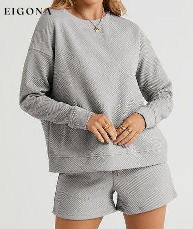Double Take Full Size Texture Long Sleeve Top and Drawstring Shorts Set Cloudy Blue Clothes Double Take lounge lounge wear lounge wear sets loungewear loungewear sets sets Ship from USA