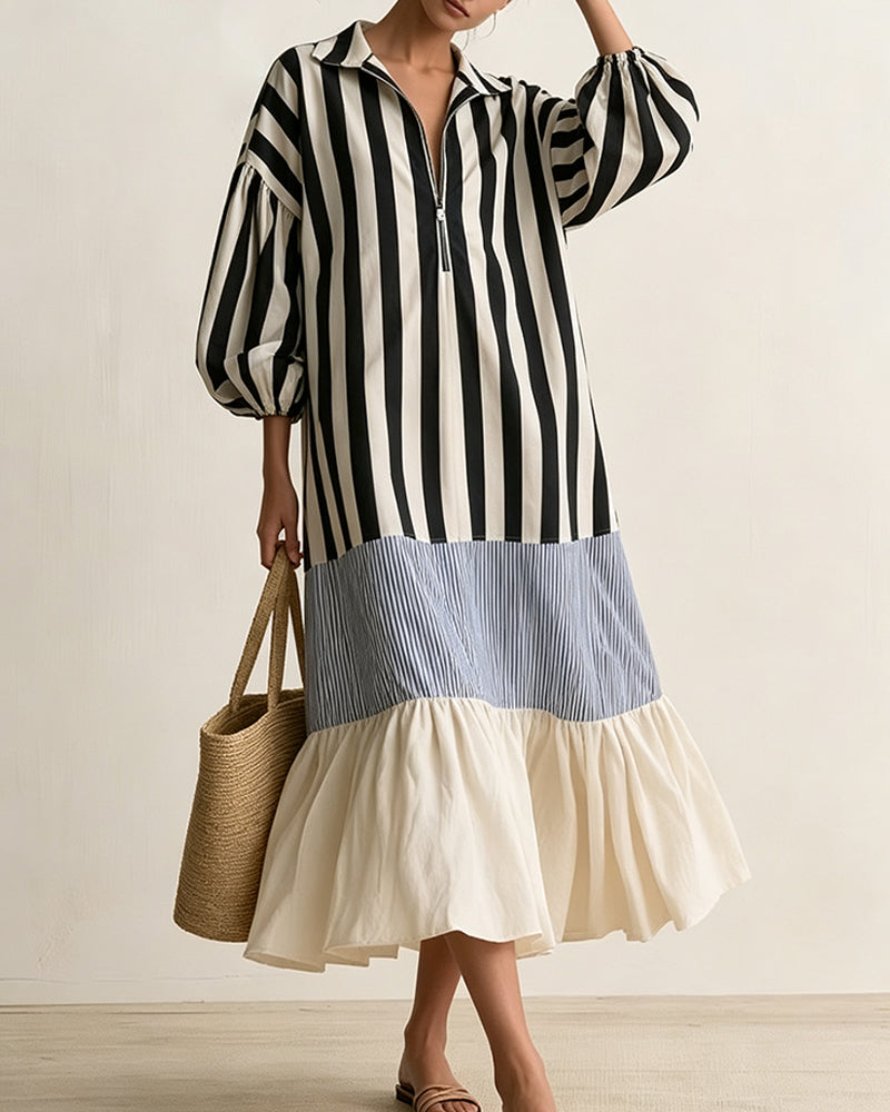 Lapel Zipper Striped Color-Block Tiered Dress
