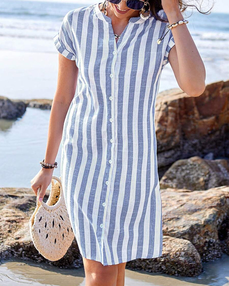 Stand Collar Short Sleeve Striped Cotton And Linen Dress