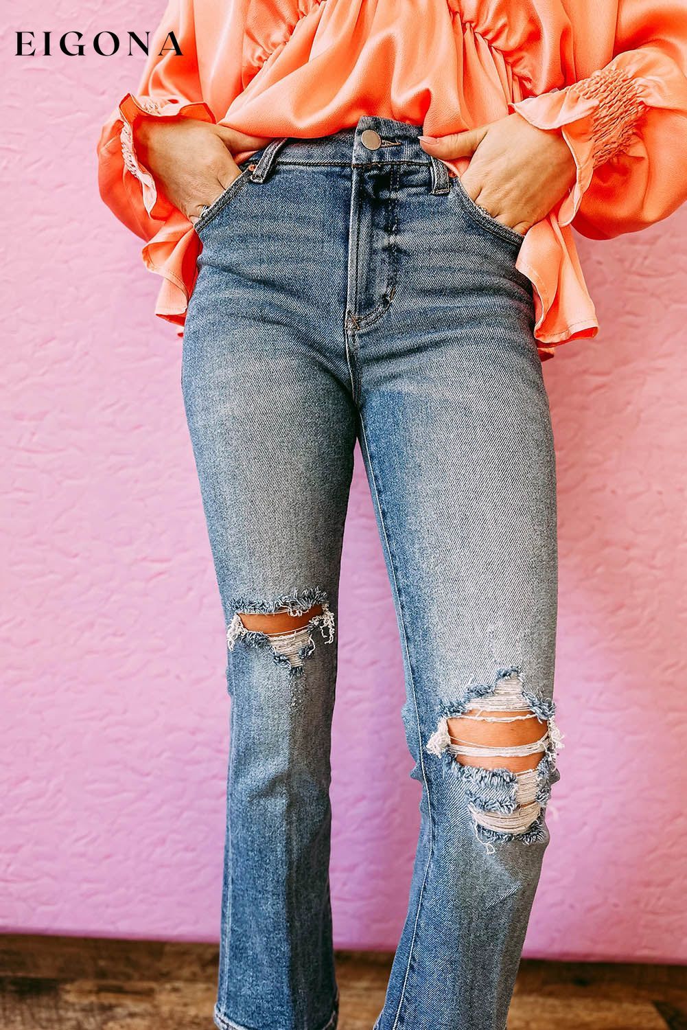 Sky Blue Distressed Ripped Flare Jeans All In Stock bottoms clothes Color Blue Craft Distressed Fabric Denim Jeans Occasion Daily Season Spring Style Southern Belle