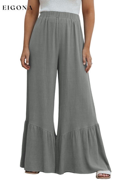 Dark Grey High Waist Ruffled Wide-Leg Pants All In Stock bottoms clothes EDM Monthly Recomend Fabric Linen Occasion Daily pants Print Solid Color ruffled wide legs Season Spring Silhouette Wide Leg Style Casual