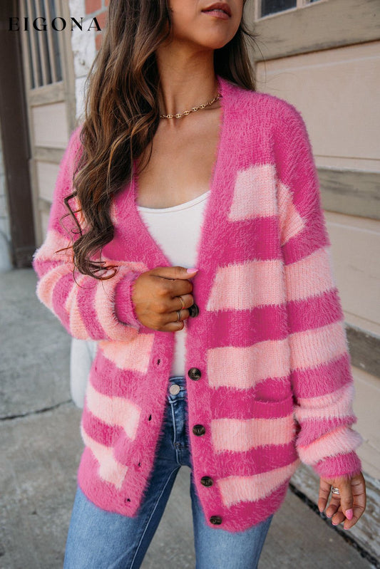 Strawberry Pink Colorblock Striped Buttoned Fuzzy Cardigan Sweater Strawberry Pink 64%Polyamide+36%Acrylic All In Stock cardigan cardigans clothes Color Pink EDM Monthly Recomend Occasion Daily Print Color Block Season Winter Style Southern Belle Sweater sweaters