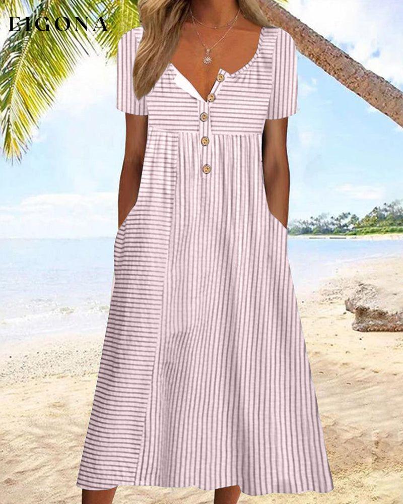 Striped Print Short Sleeve Dress Pink 23BF Casual Dresses Clothes Dresses SALE Spring Summer