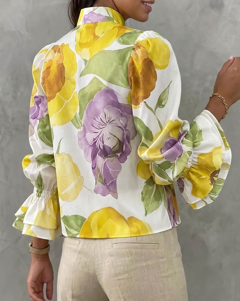 Watercolor Large Floral Long-Sleeve Stand-Collar Blouse