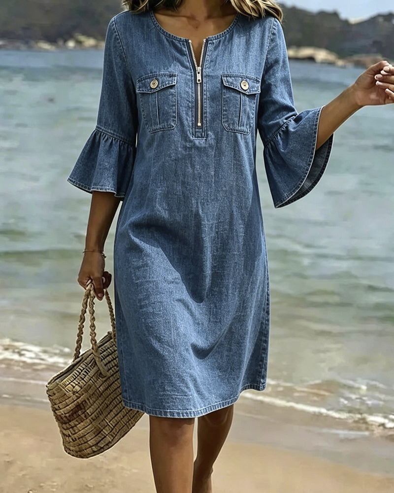 Zipper Bell Sleeve Dress