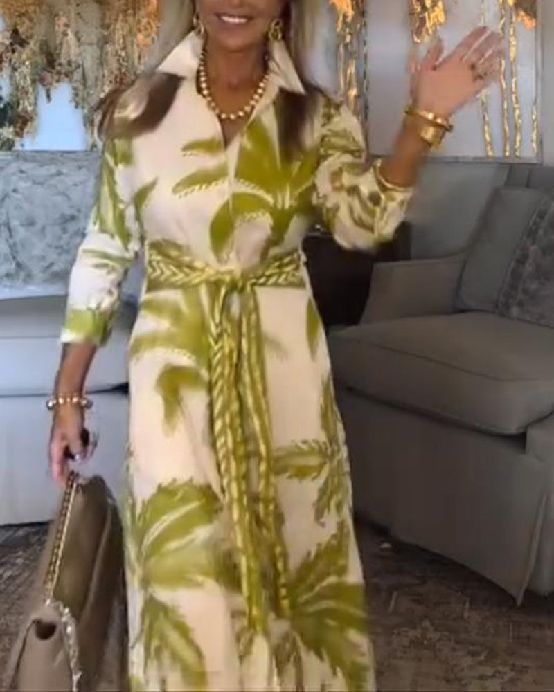 Leaf Print Lapel Waist Dress