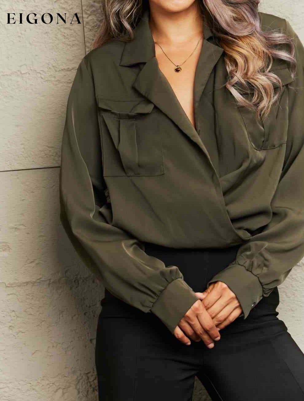 Olive Lapel Collar Long Sleeve Blouse clothes HS long sleeve shirt long sleeve shirts long sleeve top long sleeve tops Ship From Overseas shirt shirts top tops