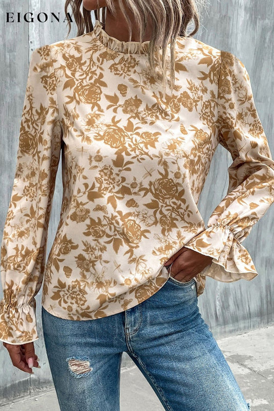 White Floral Print Frilled Neckline Flounce Sleeve Blouse White 100%Polyester clothes long sleeve shirt long sleeve shirts long sleeve top long sleeve tops shirt shirts top tops Tops/Blouses